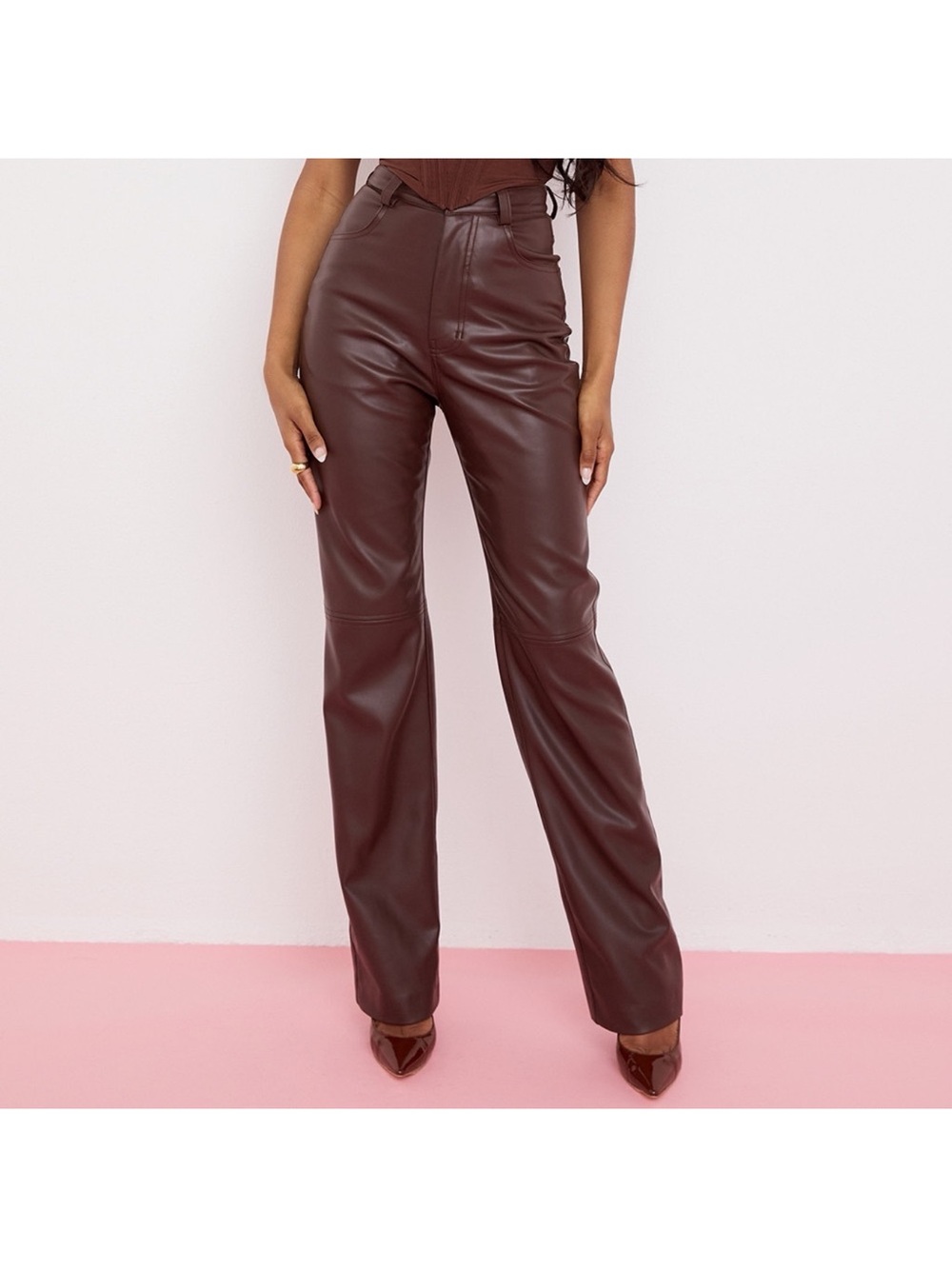 INAYA DARK BROWN STRETCH VEGAN LEATHER TROUSERS side L NWOT